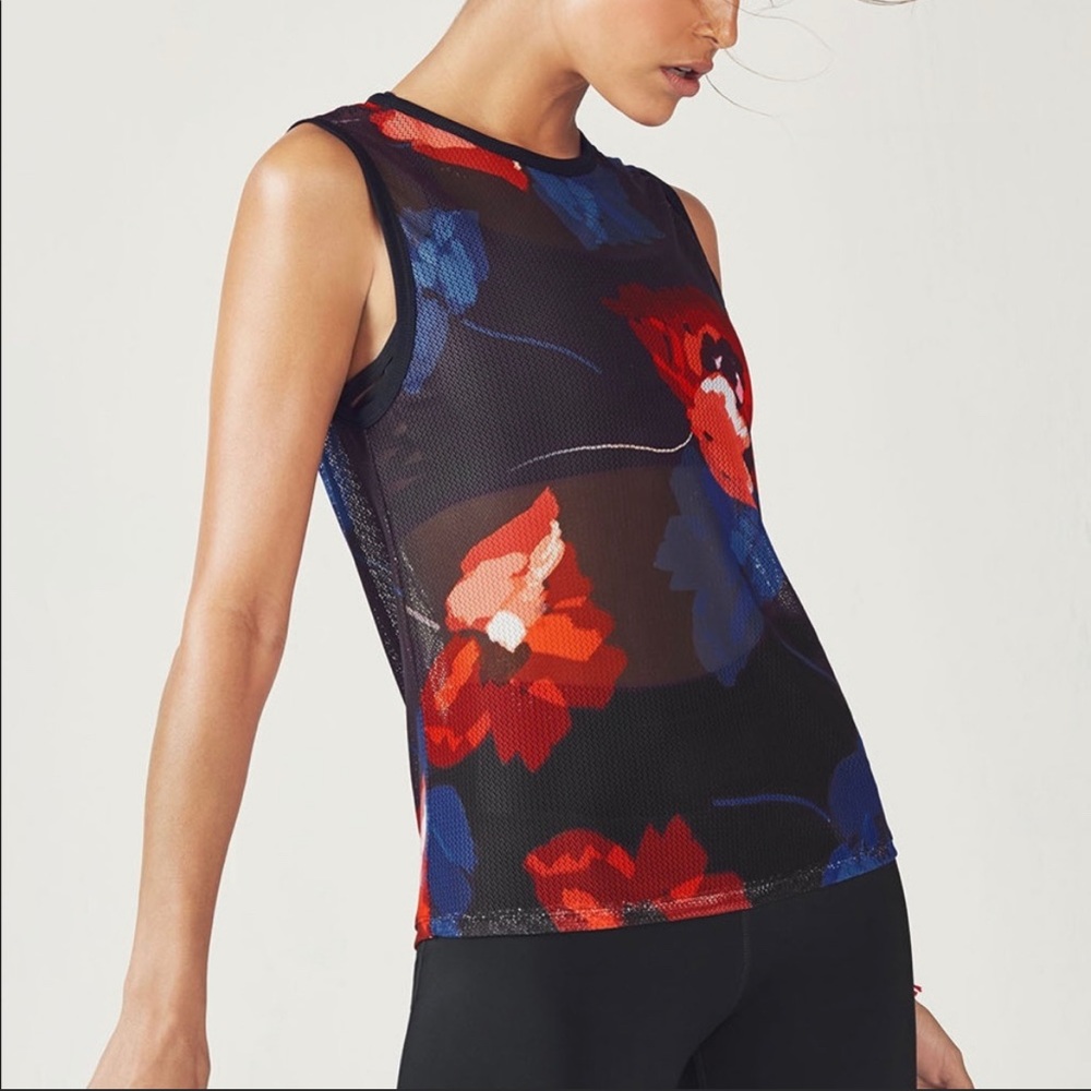 FABLETICS Harleen Red Blue Sheer Floral Mesh Athletic Workout Tank S Black